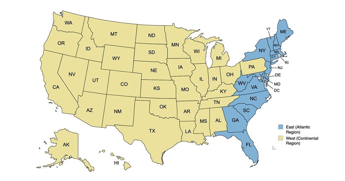 A map view of the United States showing the eastern atlantic region colored in blue and the western continental region colored in beige